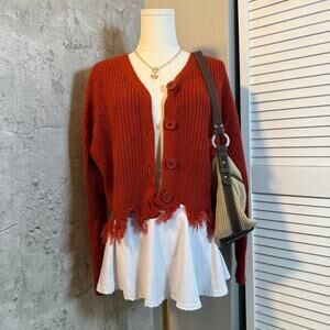 Burgundy Distressed Cardigan with Button Up front